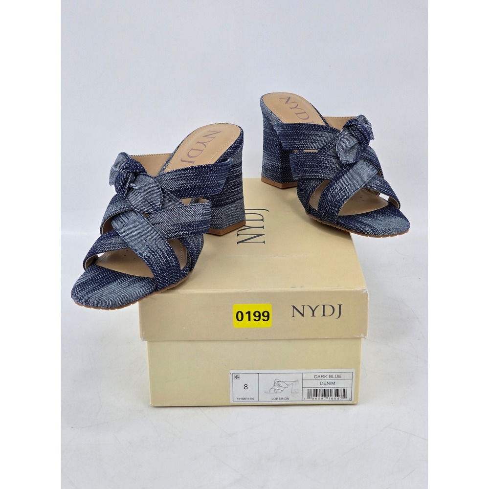 NYDJ Loreri Denim Heeled Mules Women 8 Dark Blue Knot Block Heel - NEW